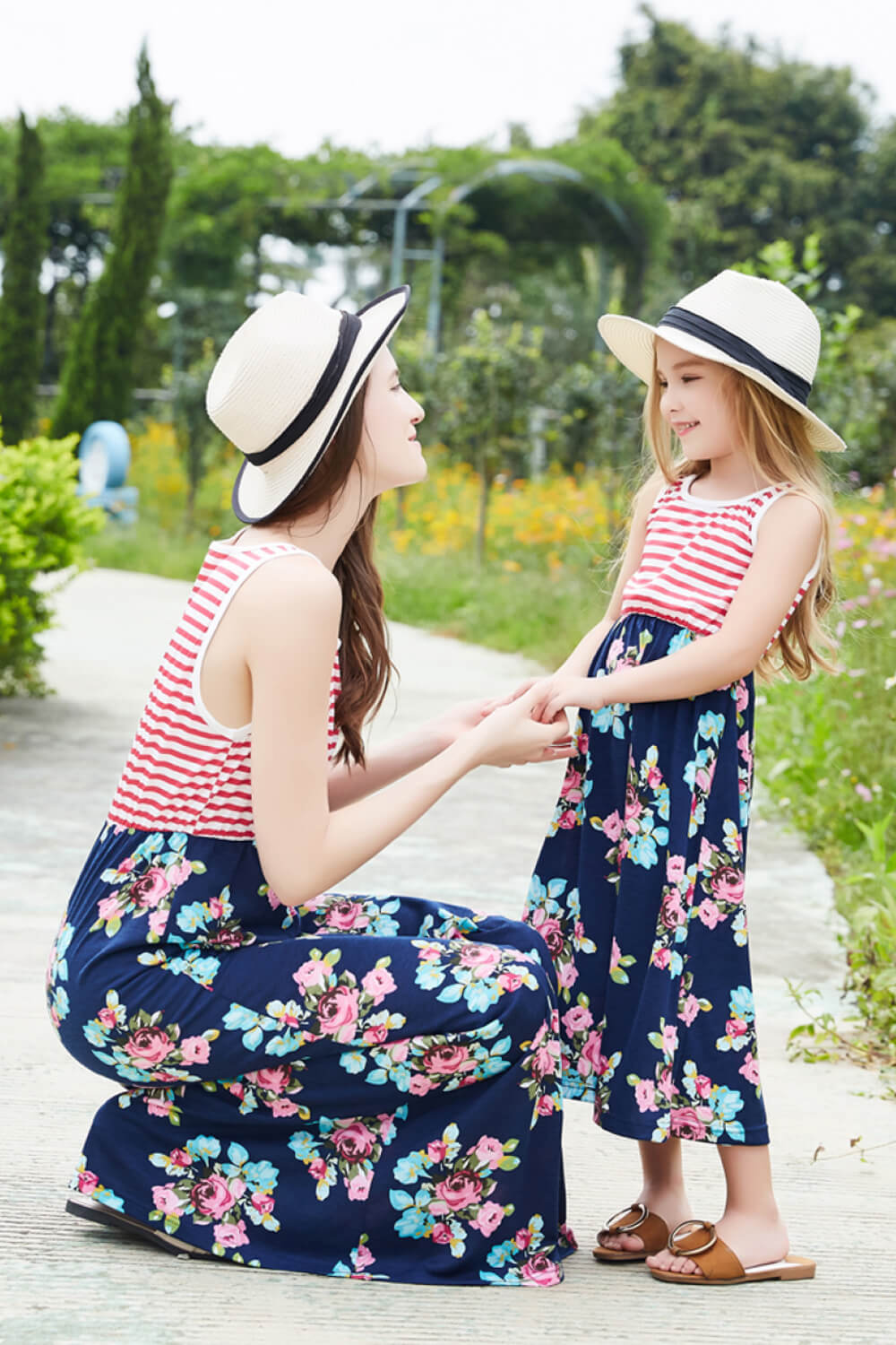 Girls Striped Floral Sleeveless Maxi