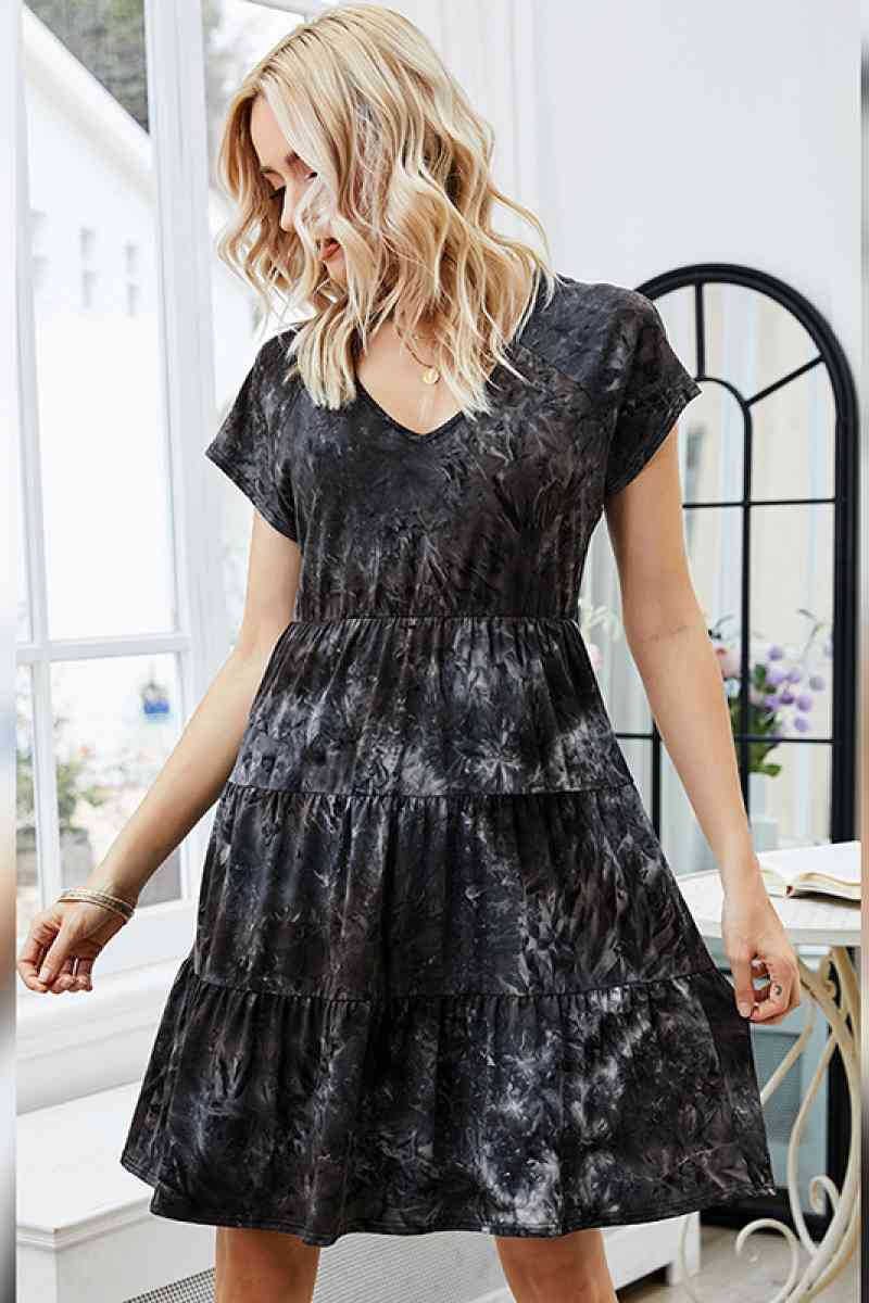 Women's Black Tie Dye Flounce Hem Dress