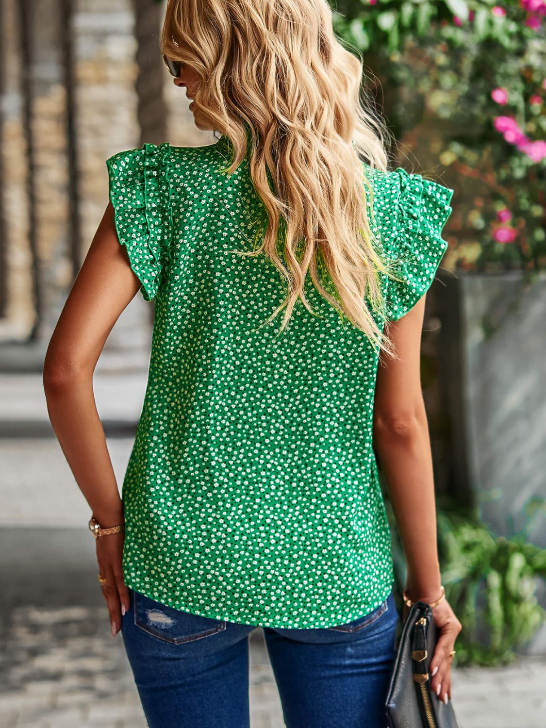 Women's Printed Flutter Sleeve Notched Top in Green, Yellow/Black, Red, or Black