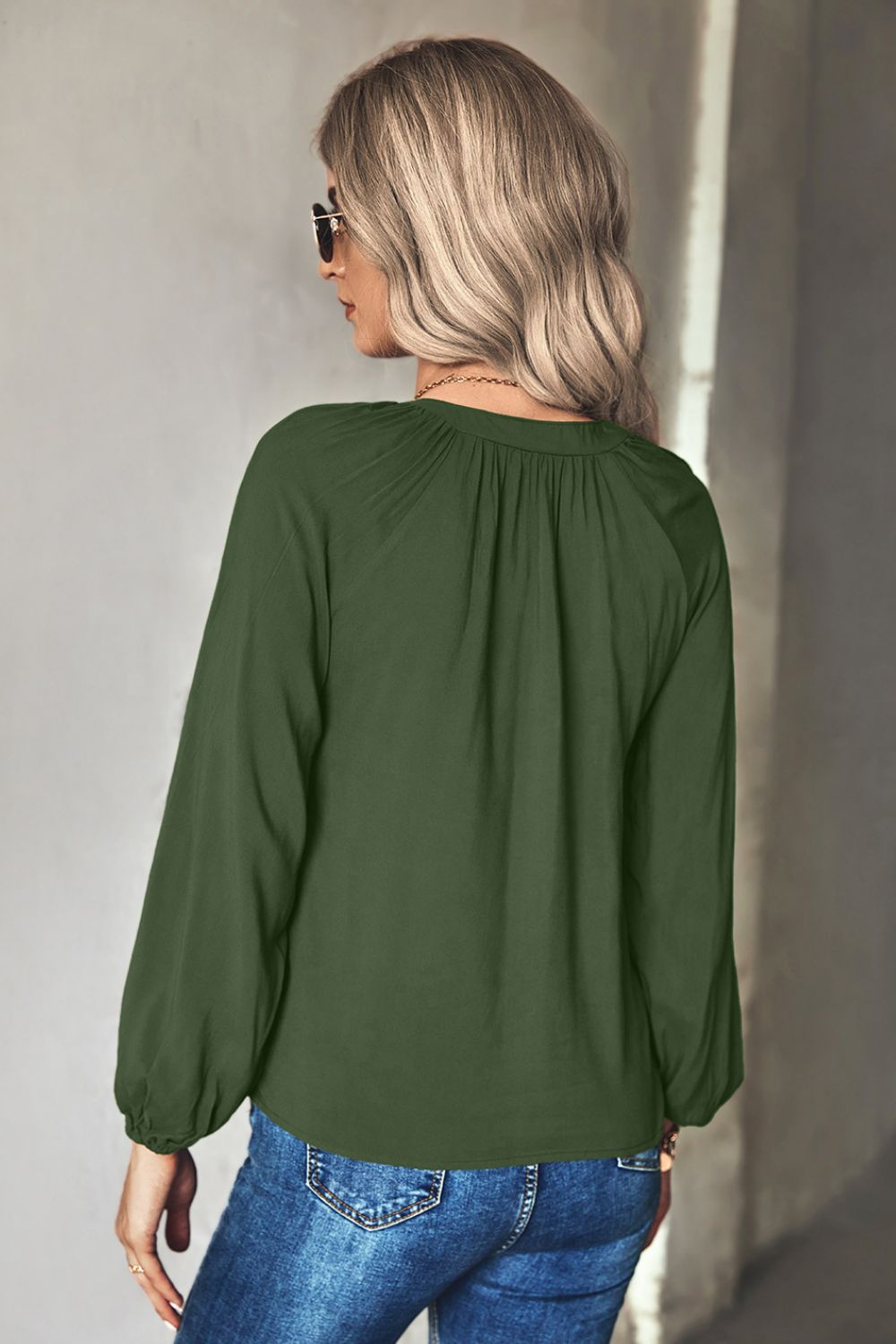 Women's Green or Navy Gathered Detail Tie-Neck Long Sleeve Blouse