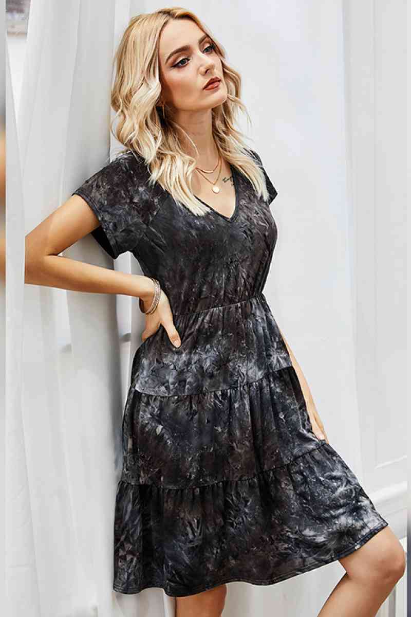 Women's Black Tie Dye Flounce Hem Dress