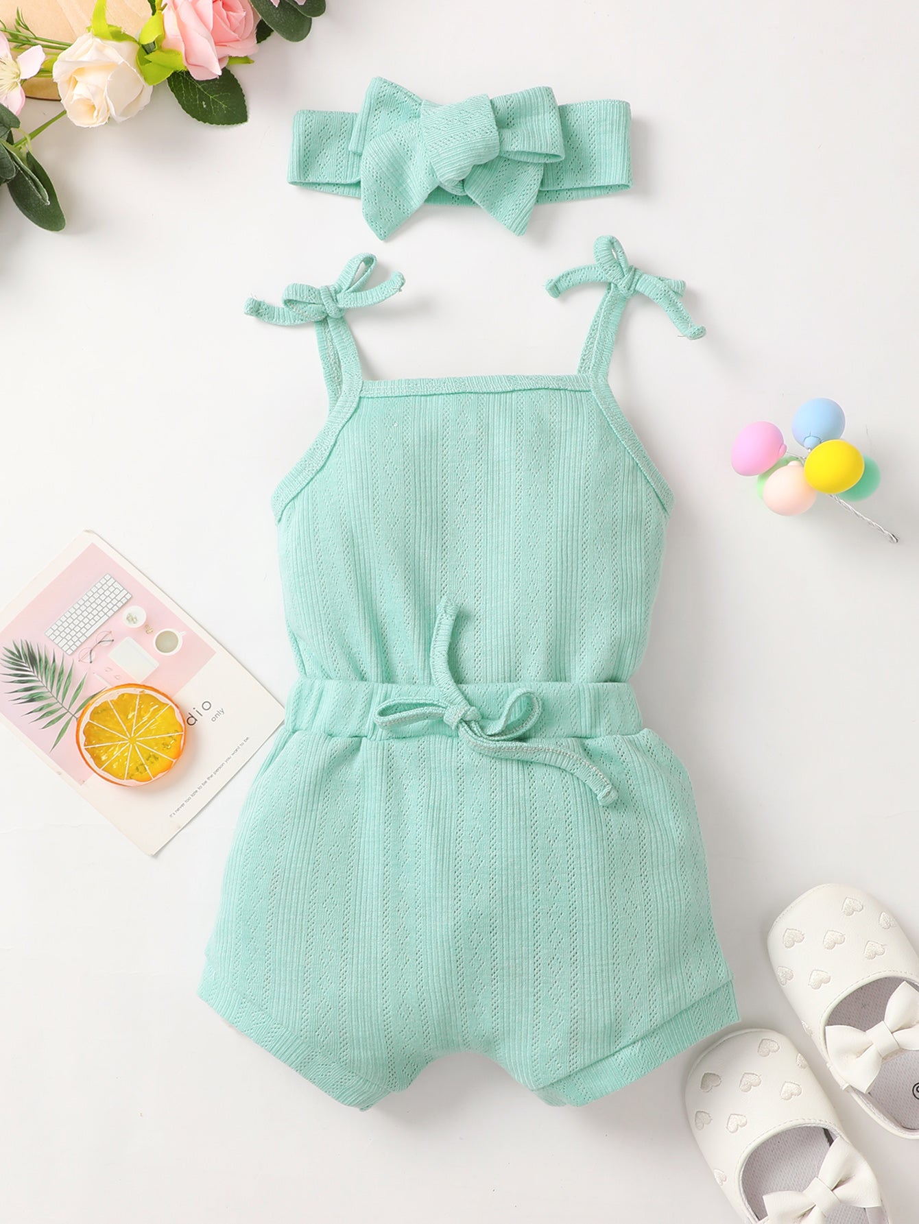 Baby Girl Waffle-Knit Tie-Shoulder Top and Bottoms Set