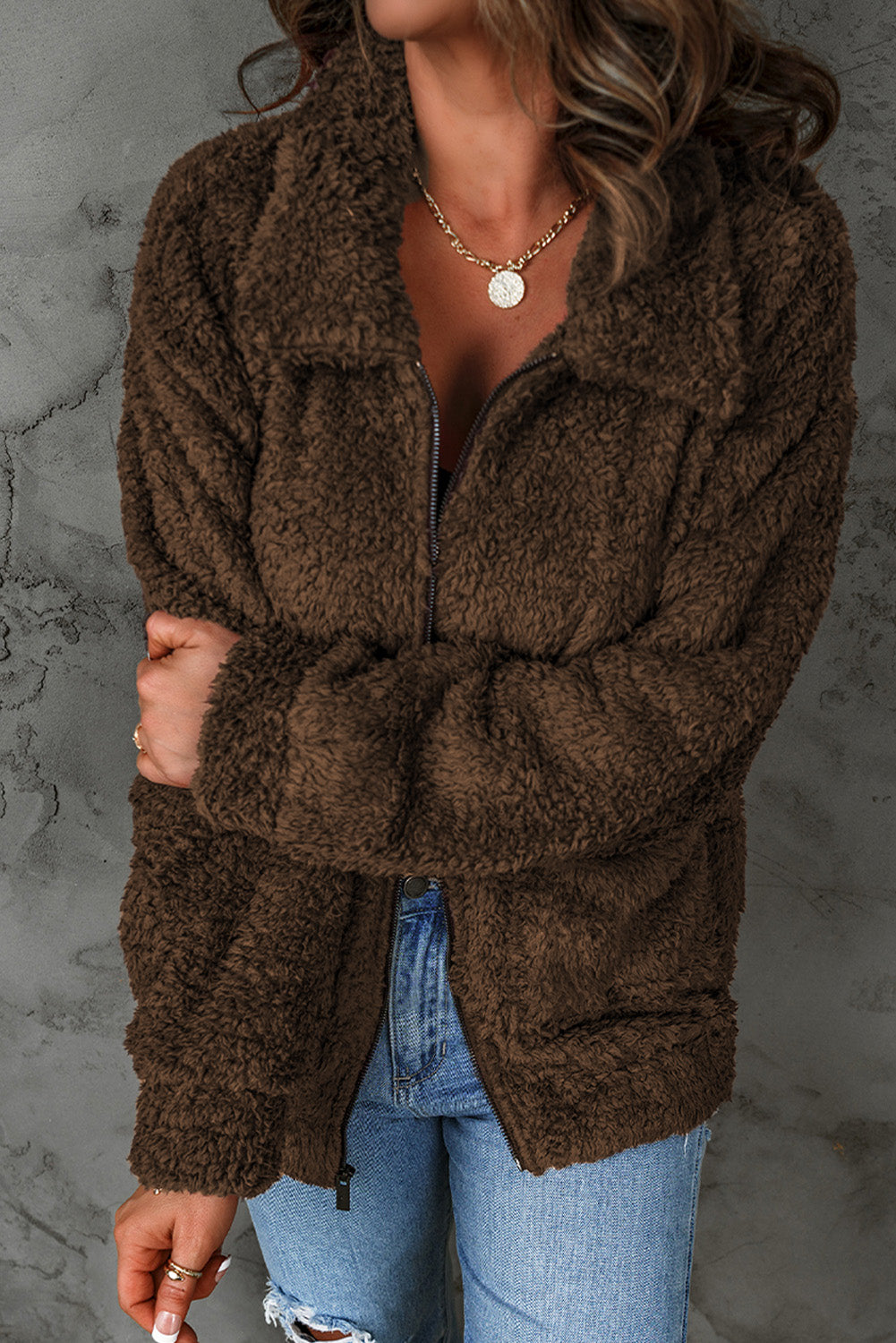 Women's Zip Up Cozy Teddy Jacket with Pockets in Brown