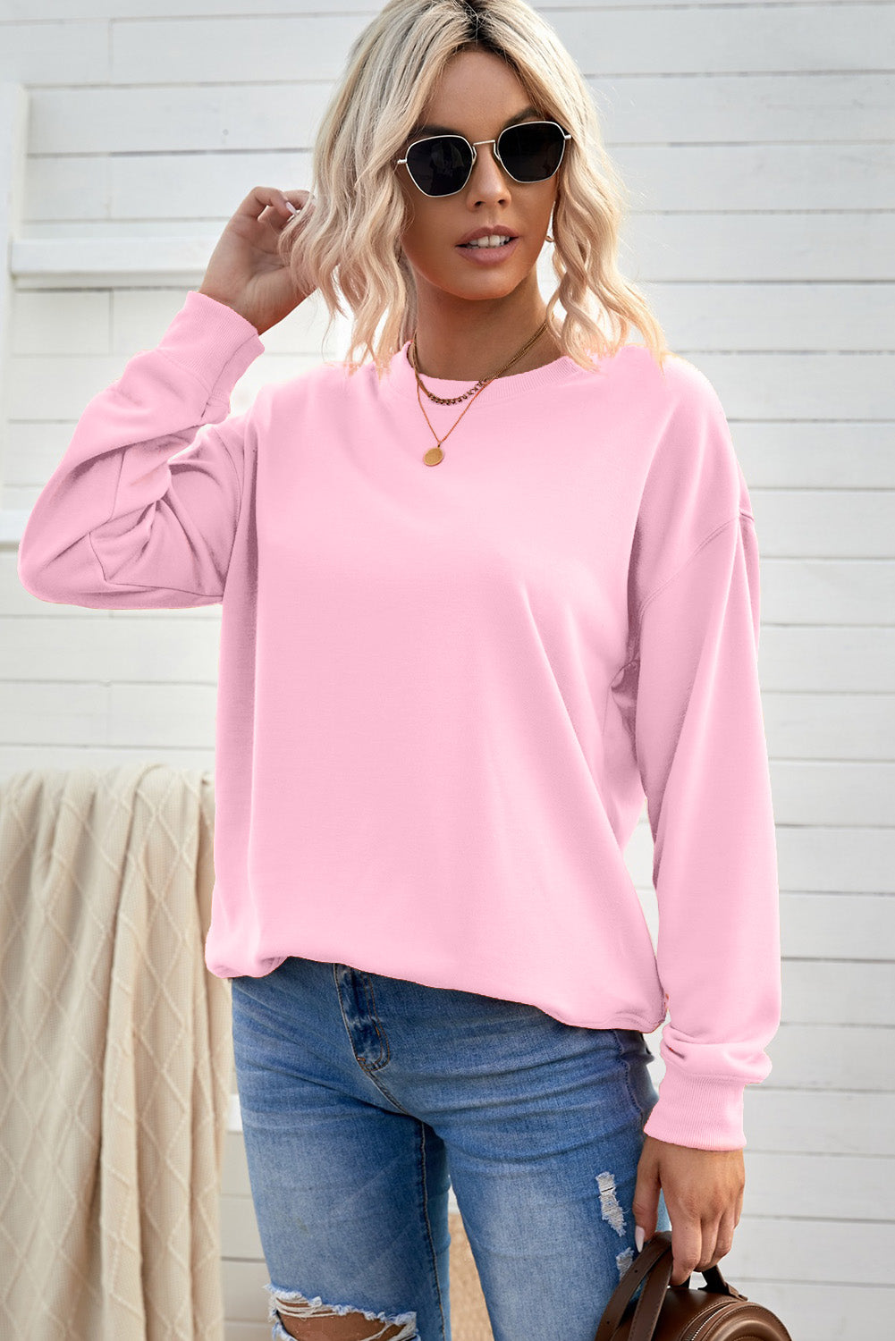 Drop Shoulder Ribbed Trim Crewneck Sweatshirt