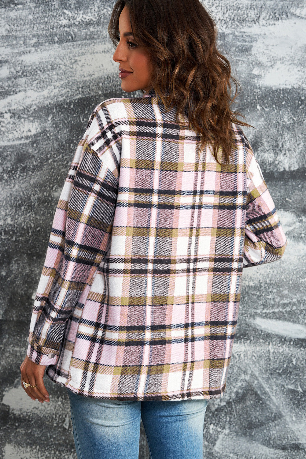 Women's Plaid Button Front Shirt Jacket with Breast Pockets in Pink, Red, Khaki, or Blue