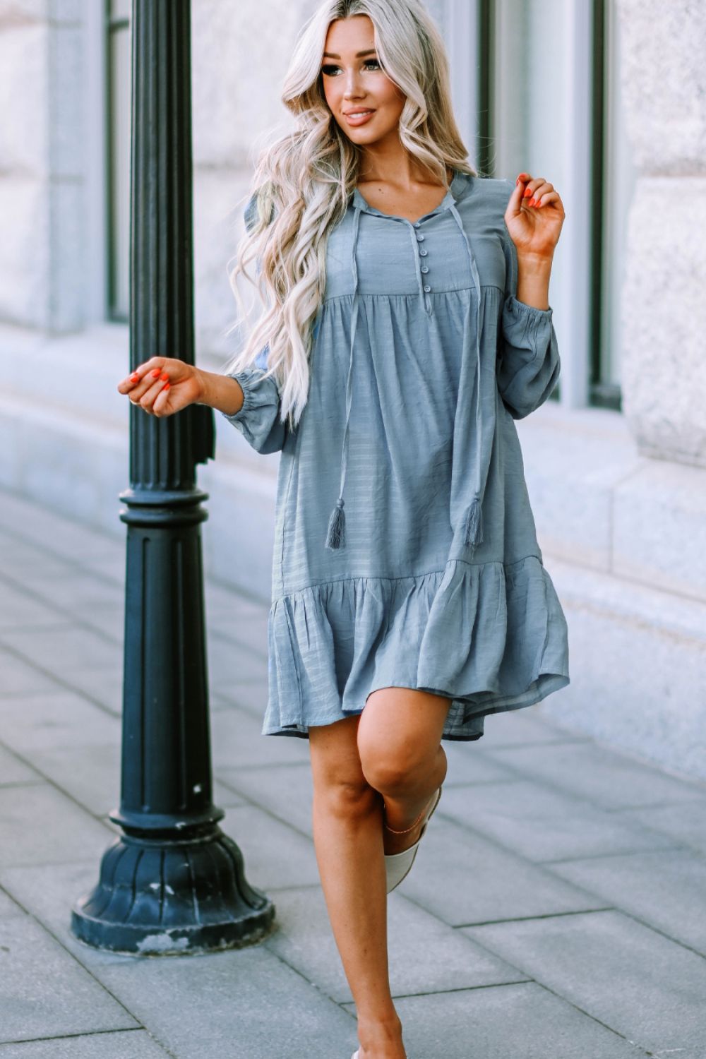 Half Button Ruffle Hem Dress