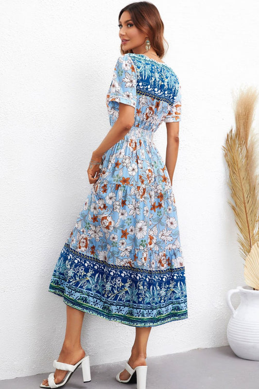 Bohemian Short Sleeve V-Neck Midi Dress