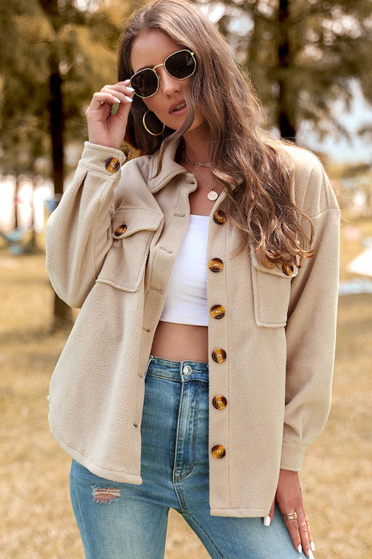 Button-Up Khaki Shirt Jacket with Breast Pockets