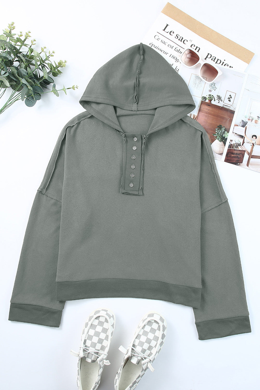 Women's Quarter-Button Exposed Seam Dropped Shoulder Hoodie in Black, Khaki, Sky Blue, Gray, & Pink