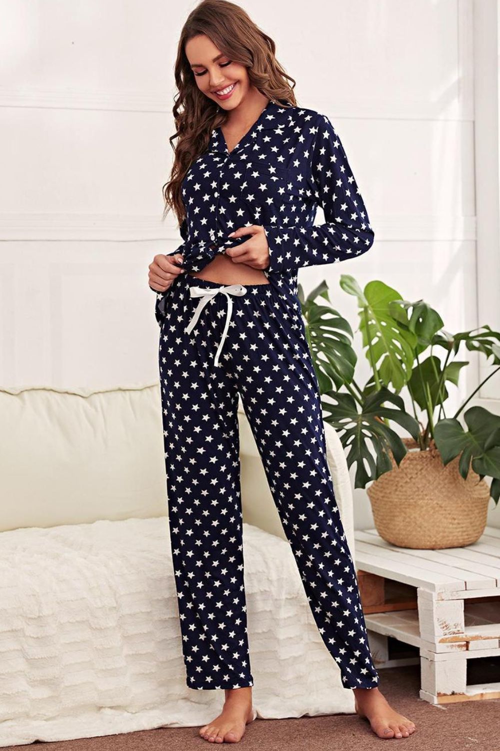 Star Print Button-Up Shirt and Bottoms Lounge Set