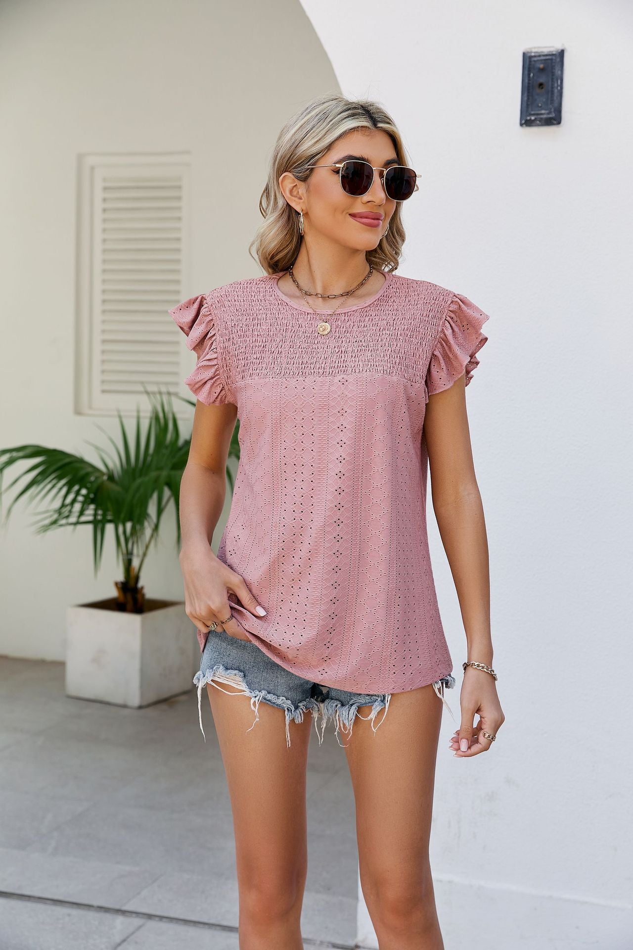 Smocked Round Neck Flutter Sleeve Top