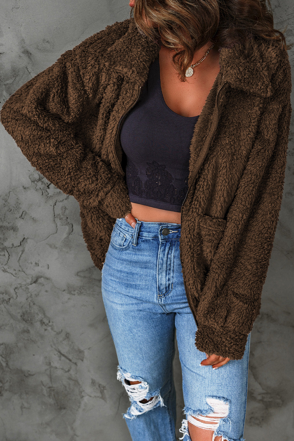 Women's Zip Up Cozy Teddy Jacket with Pockets in Brown