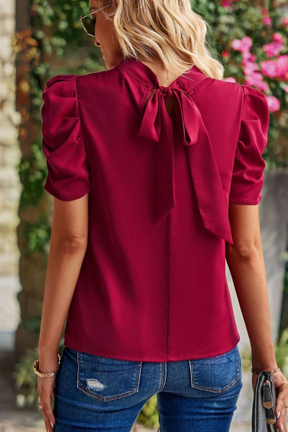 Women's Tie Back Gathered Detail Puff Sleeve Top in Black, Wine, Blue, or Green