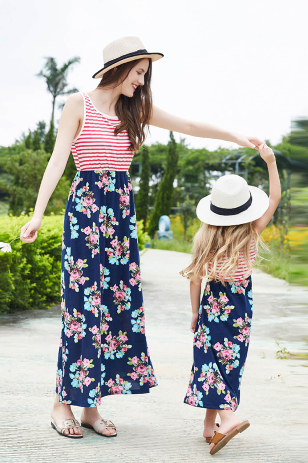 Girls Striped Floral Sleeveless Maxi