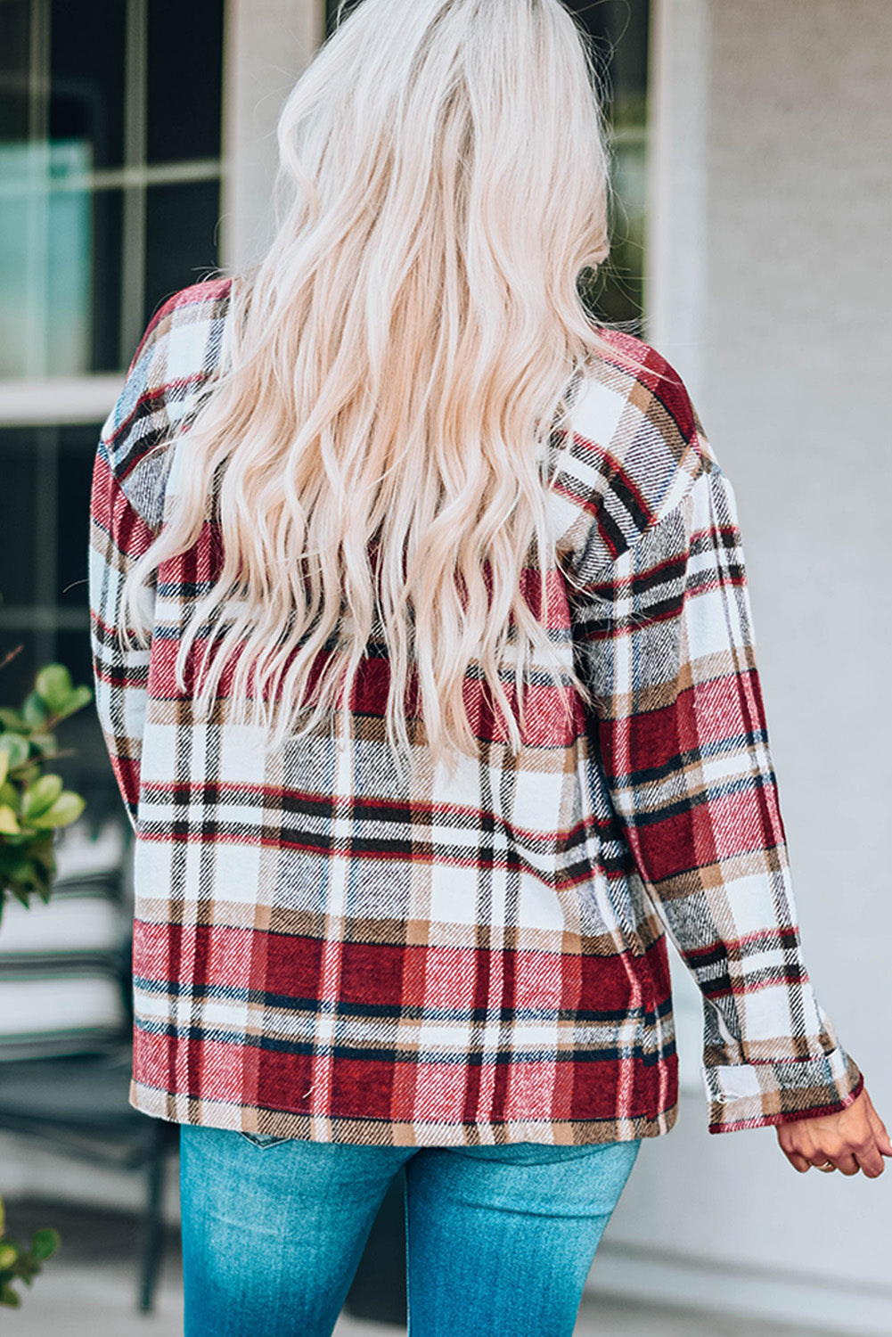 Women's Plaid Button Front Shirt Jacket with Breast Pockets in Pink, Red, Khaki, or Blue