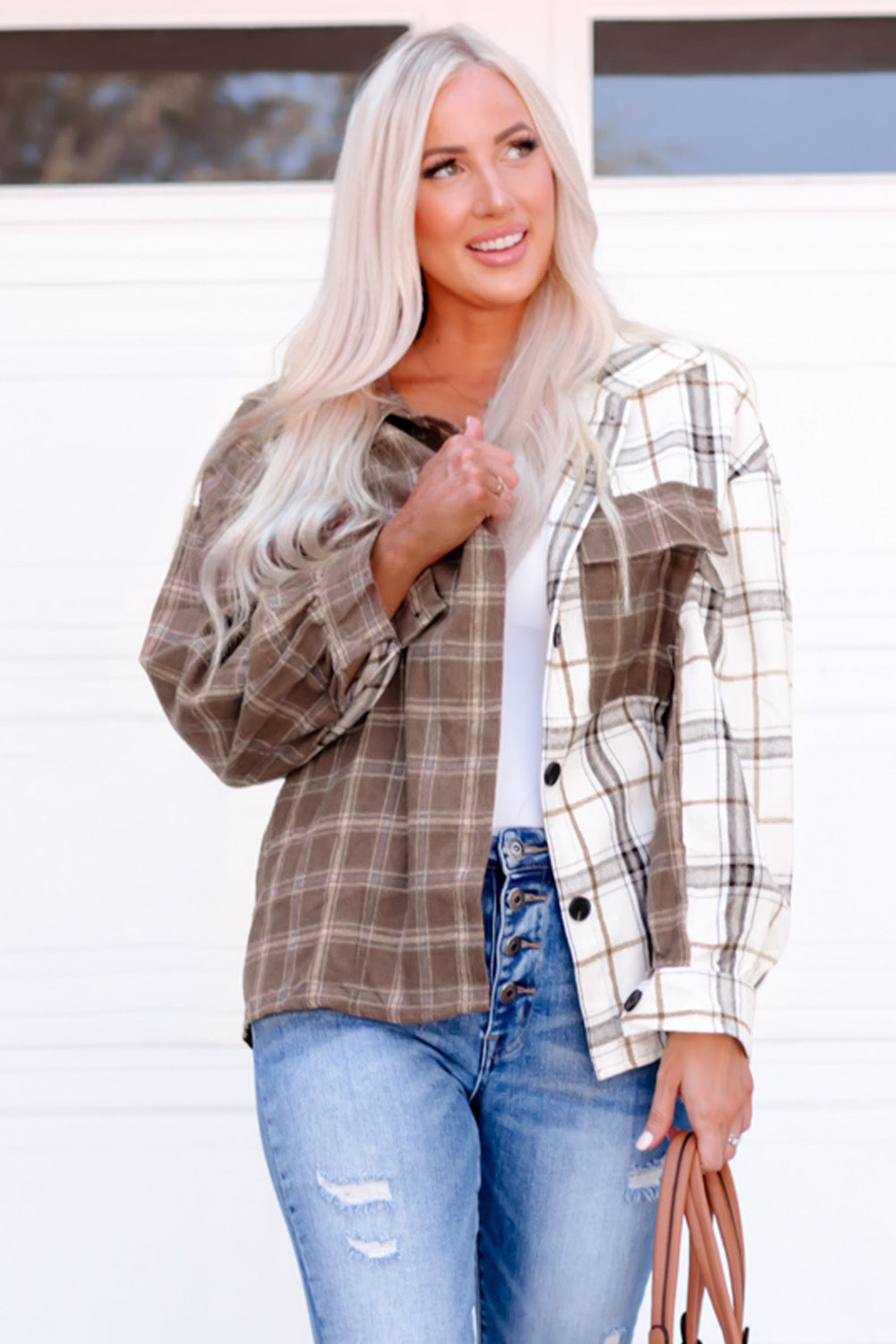 Brown Plaid Contrast Button Up Shirt Jacket, Shacket