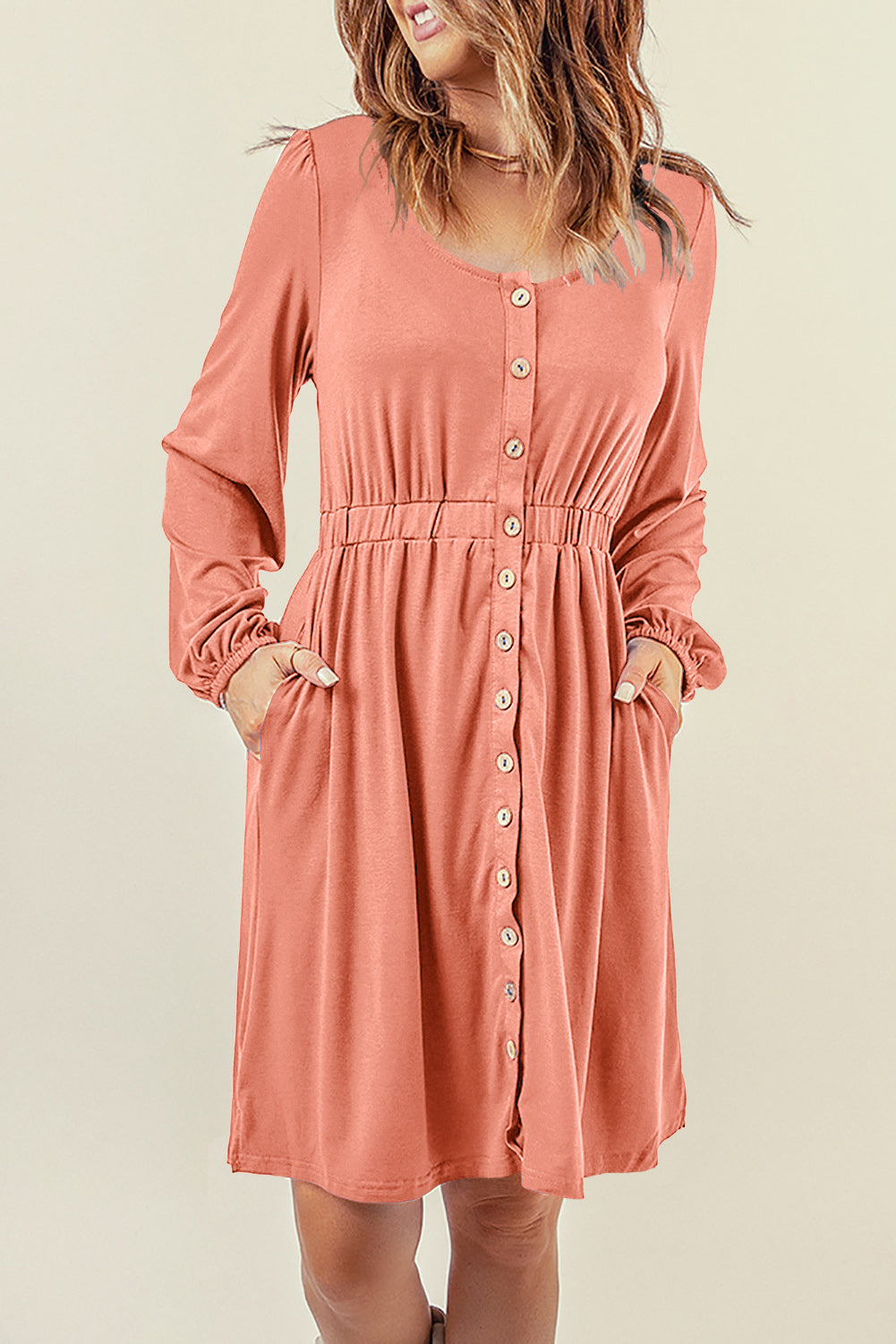 Women's Button Down Long Sleeve Dress with Pockets in Peach, Evergreen, Sky Blue, Emerald