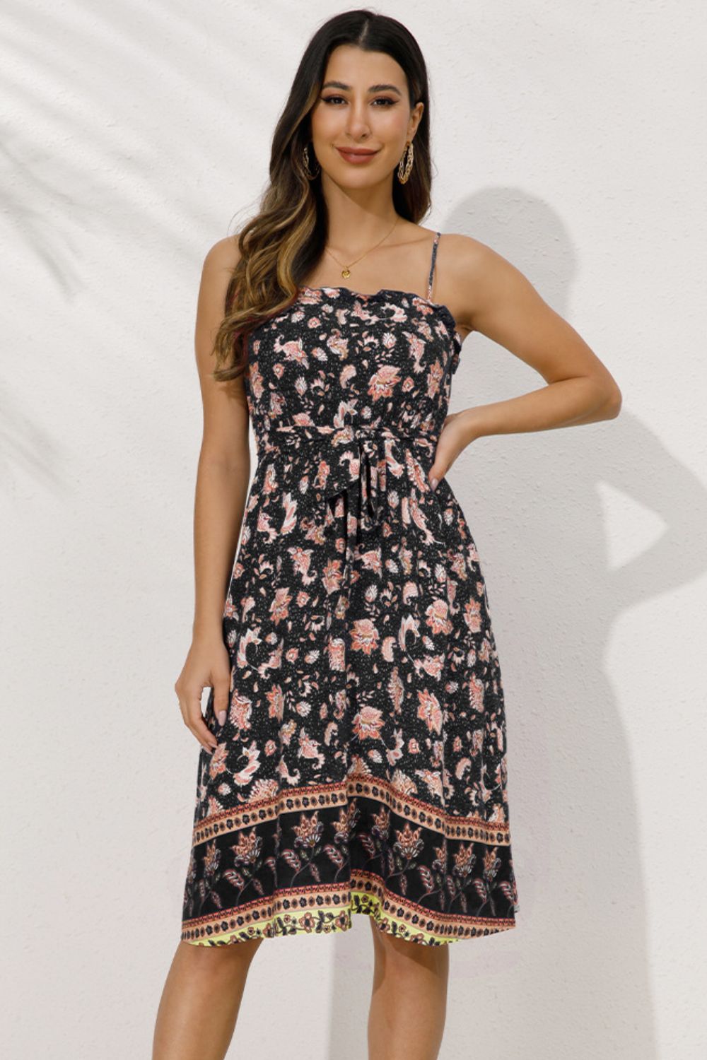 Bohemian Belted Frill Trim Spaghetti Strap Dress