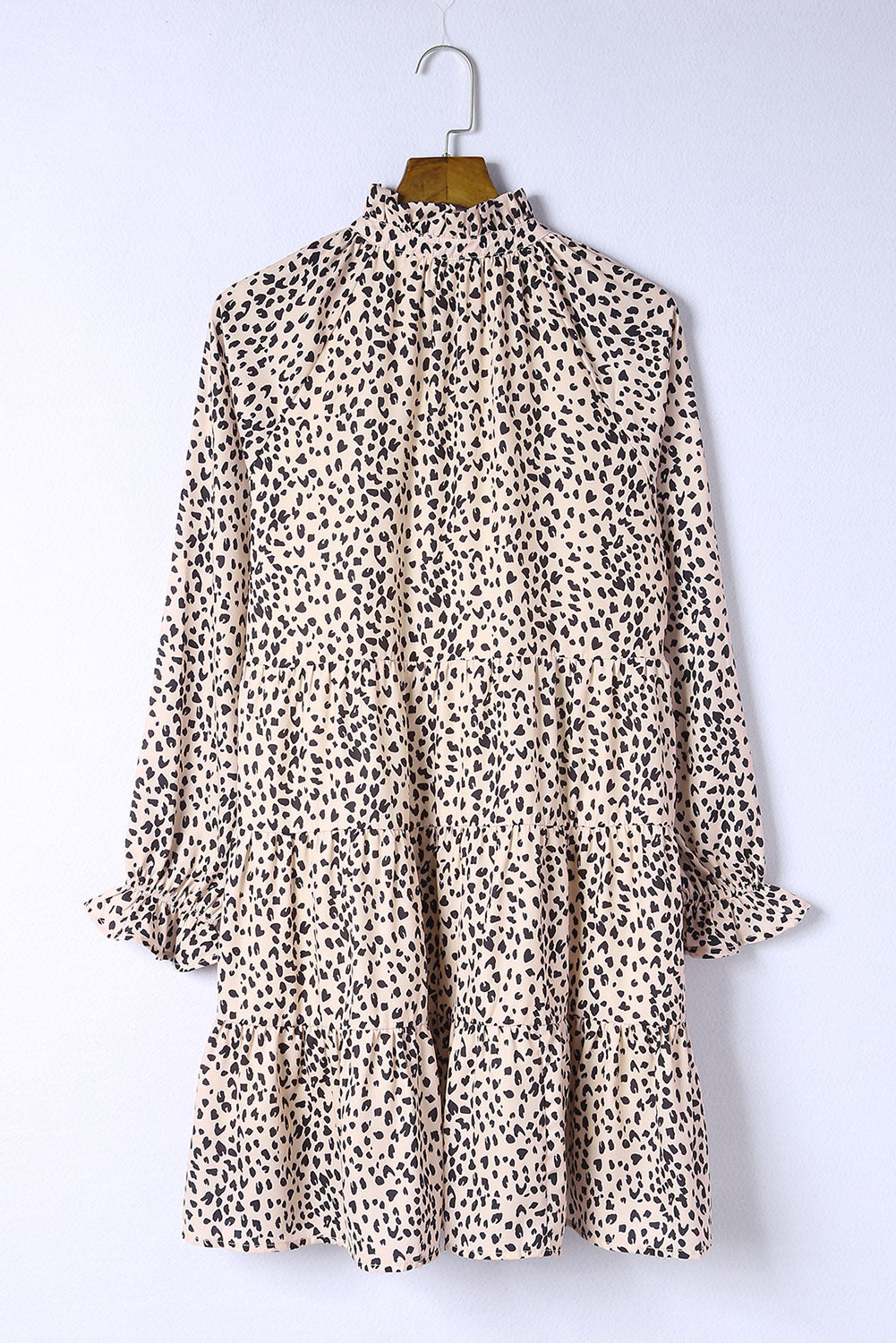 Printed Tie-Neck Flounce Sleeve Tiered Khaki Dress