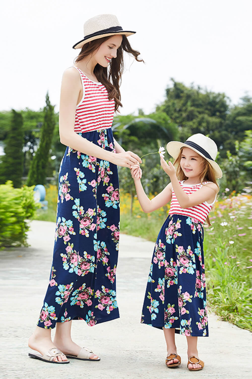 Girls Striped Floral Sleeveless Maxi