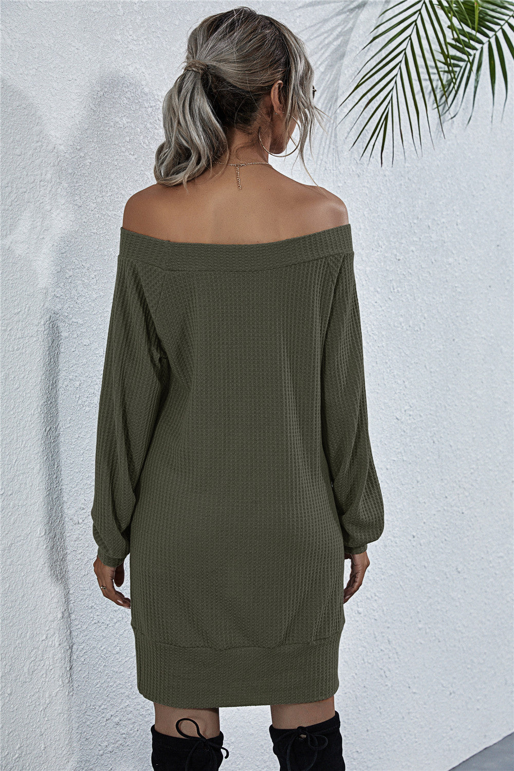 Women's Waffle-Knit Boat Neck Mini Dress in Black, Dark Gray, Army Green, or Light Gray