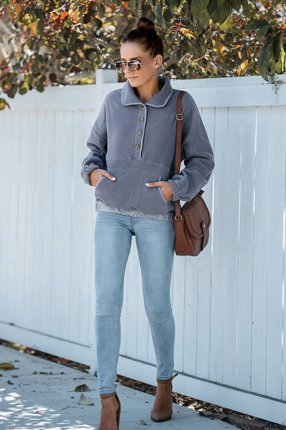 Women's Half Button Fleece Sweatshirt with Kangaroo Pocket in Gray