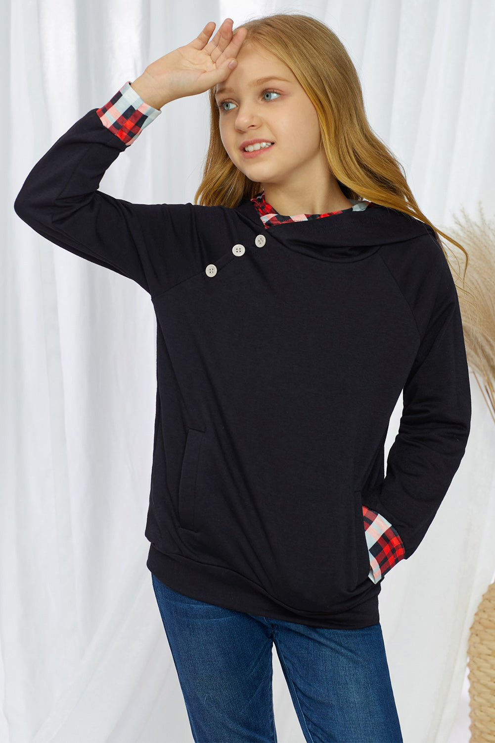 Girls Plaid Decorative Button Pullover with Pockets