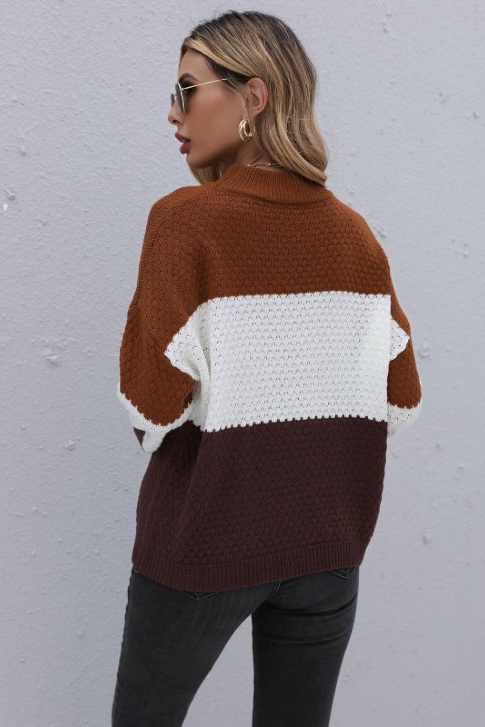 Women's Color Block Long Sleeve Brown/White/Rust Sweater