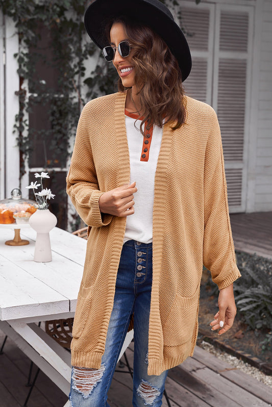 Women's Exposed Seam Open Front Longline Mustard Cardigan with Pockets