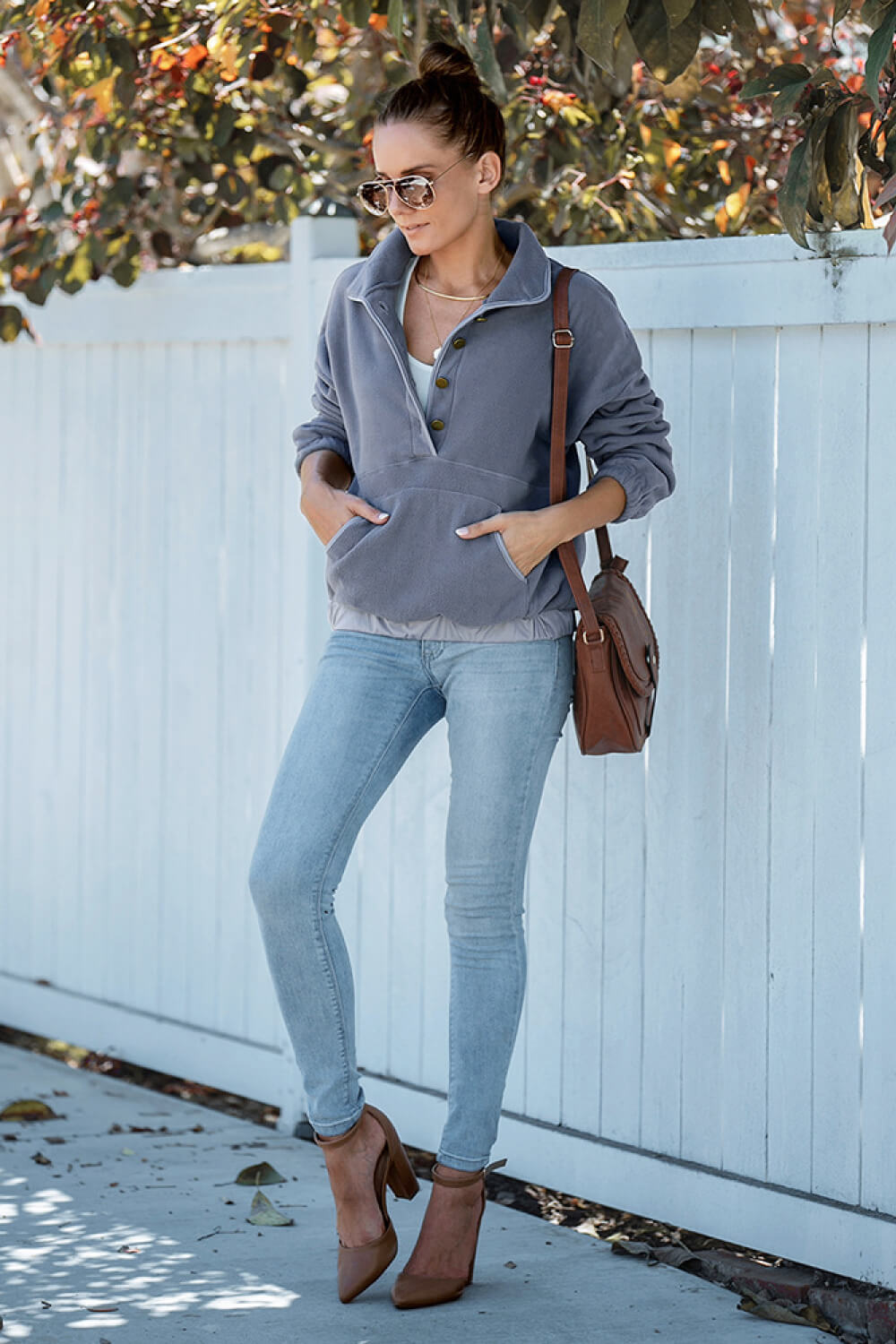 Women's Half Button Fleece Sweatshirt with Kangaroo Pocket in Gray