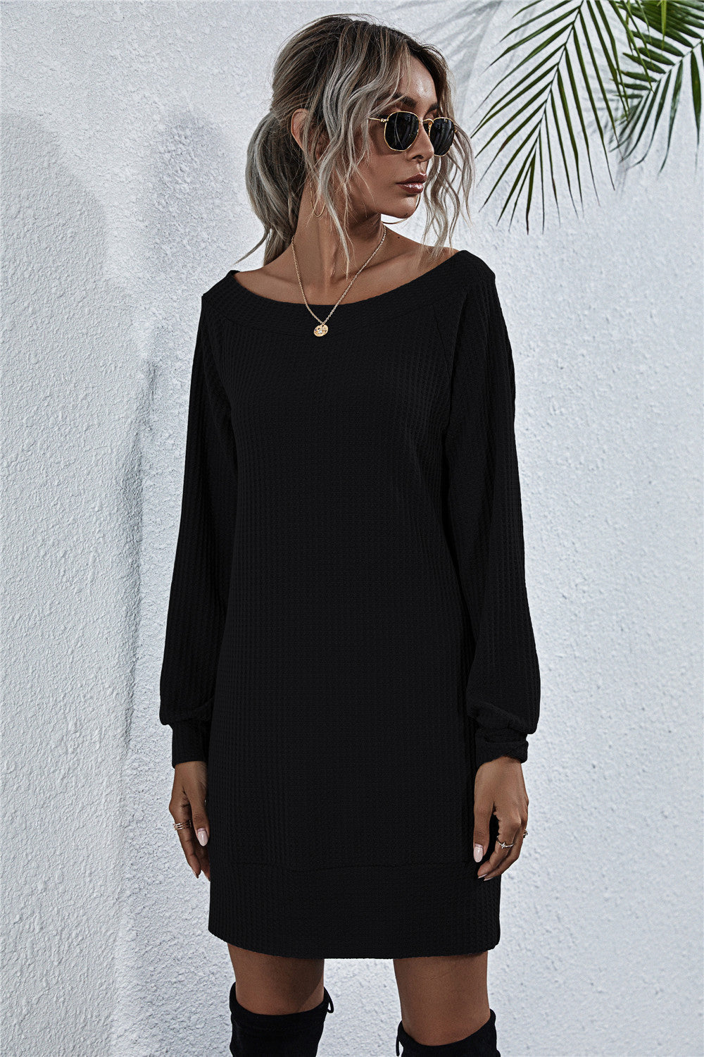 Women's Waffle-Knit Boat Neck Mini Dress in Black, Dark Gray, Army Green, or Light Gray