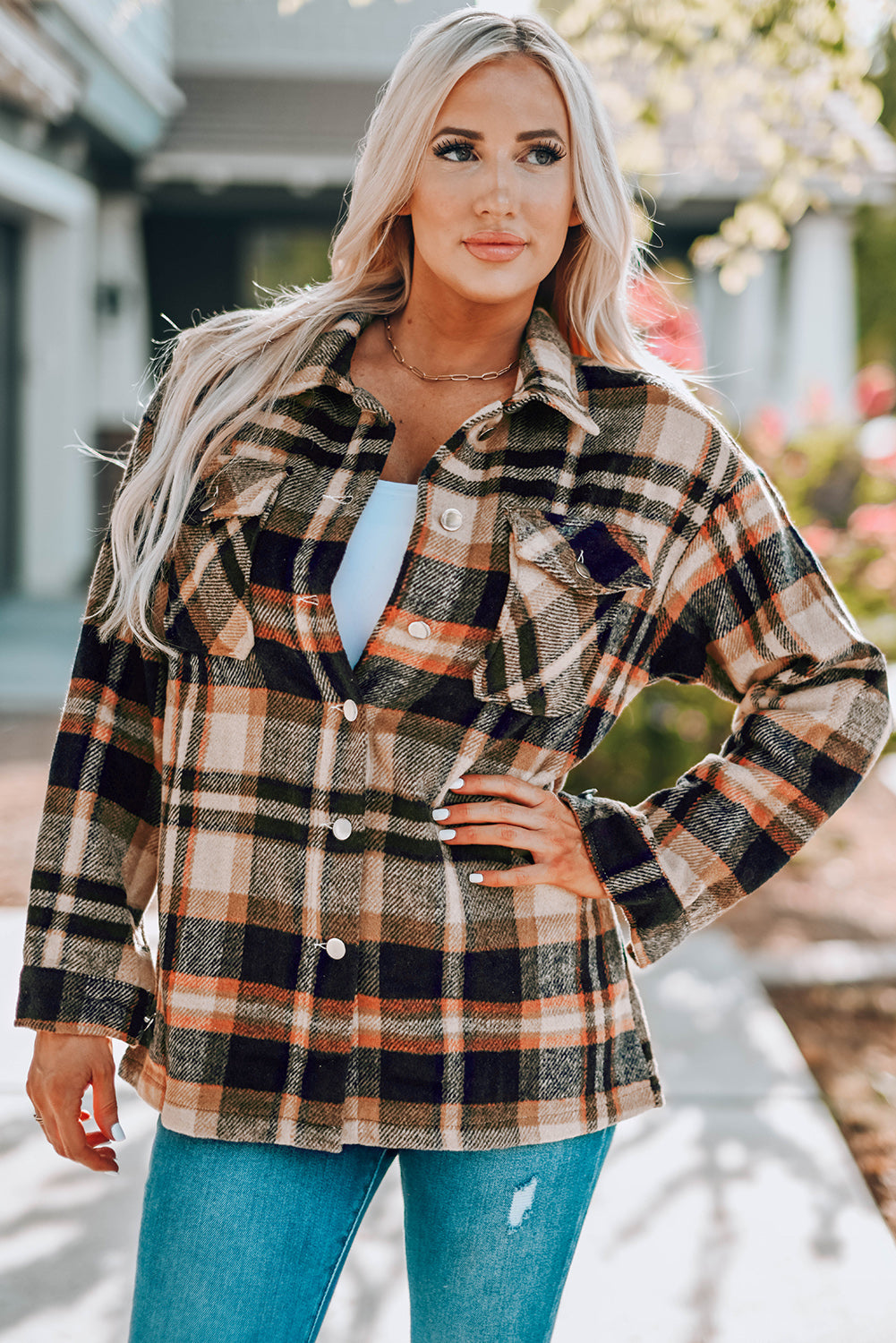 Women's Plaid Button Front Shirt Jacket with Breast Pockets in Pink, Red, Khaki, or Blue