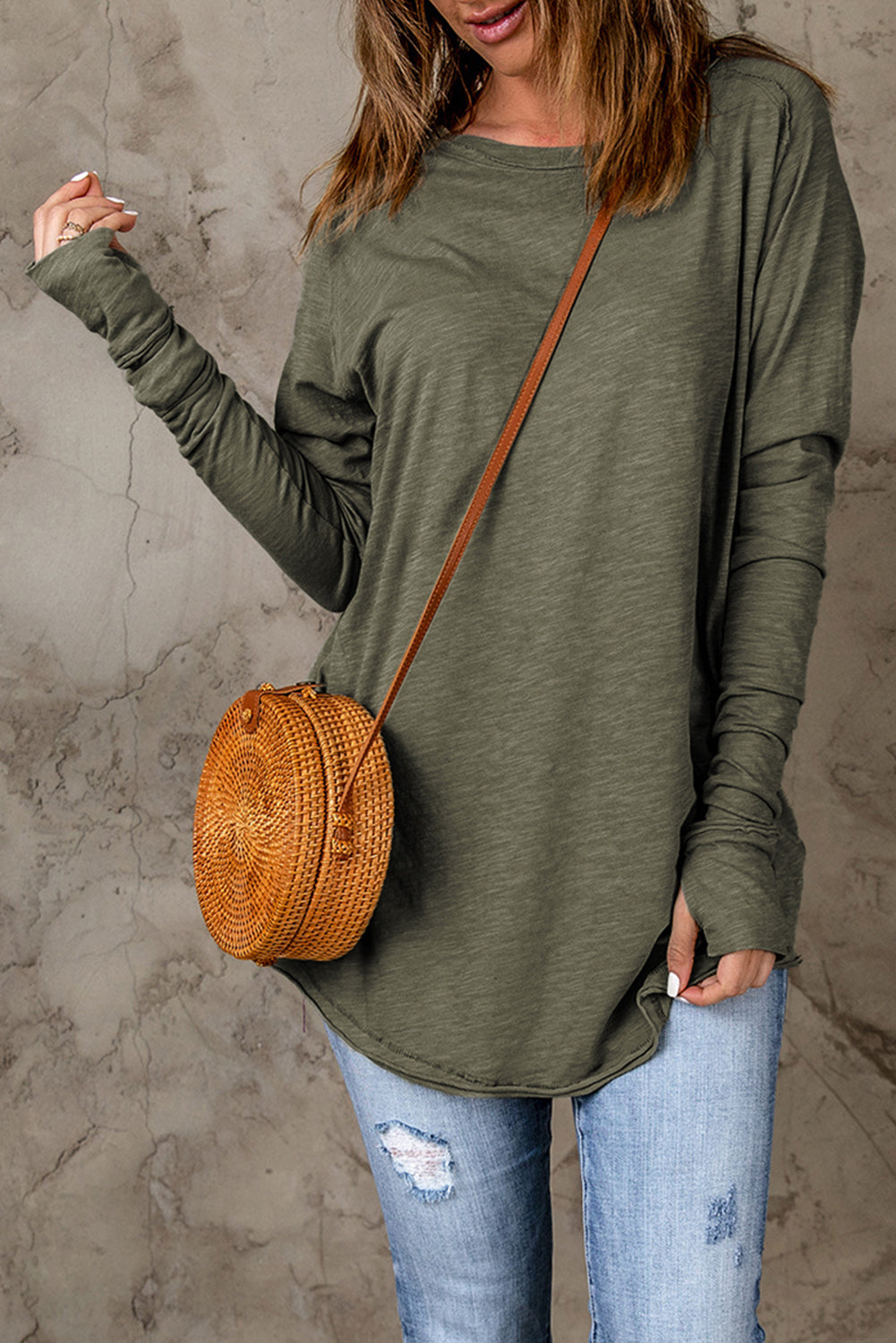 Women's Thumbhole Long Sleeve Round Neck Green Top