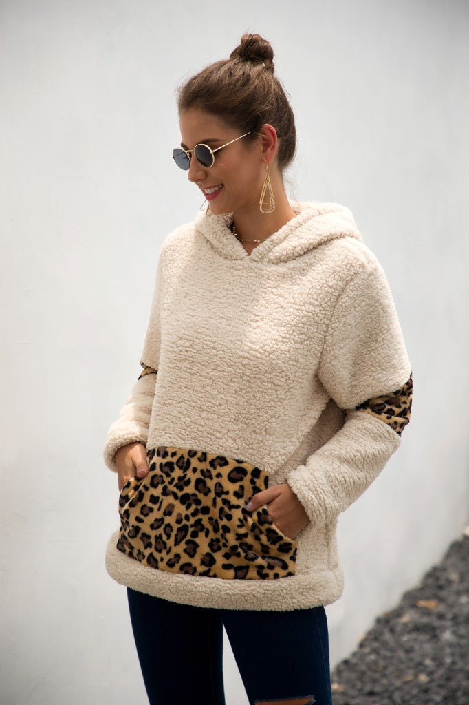 Leopard Color Block Sherpa Hoodie