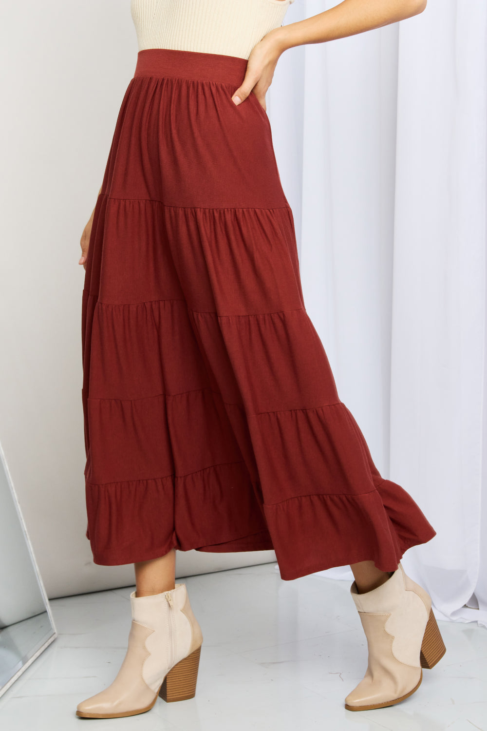 Zenana Full Size Wide Waistband Tiered Midi Skirt