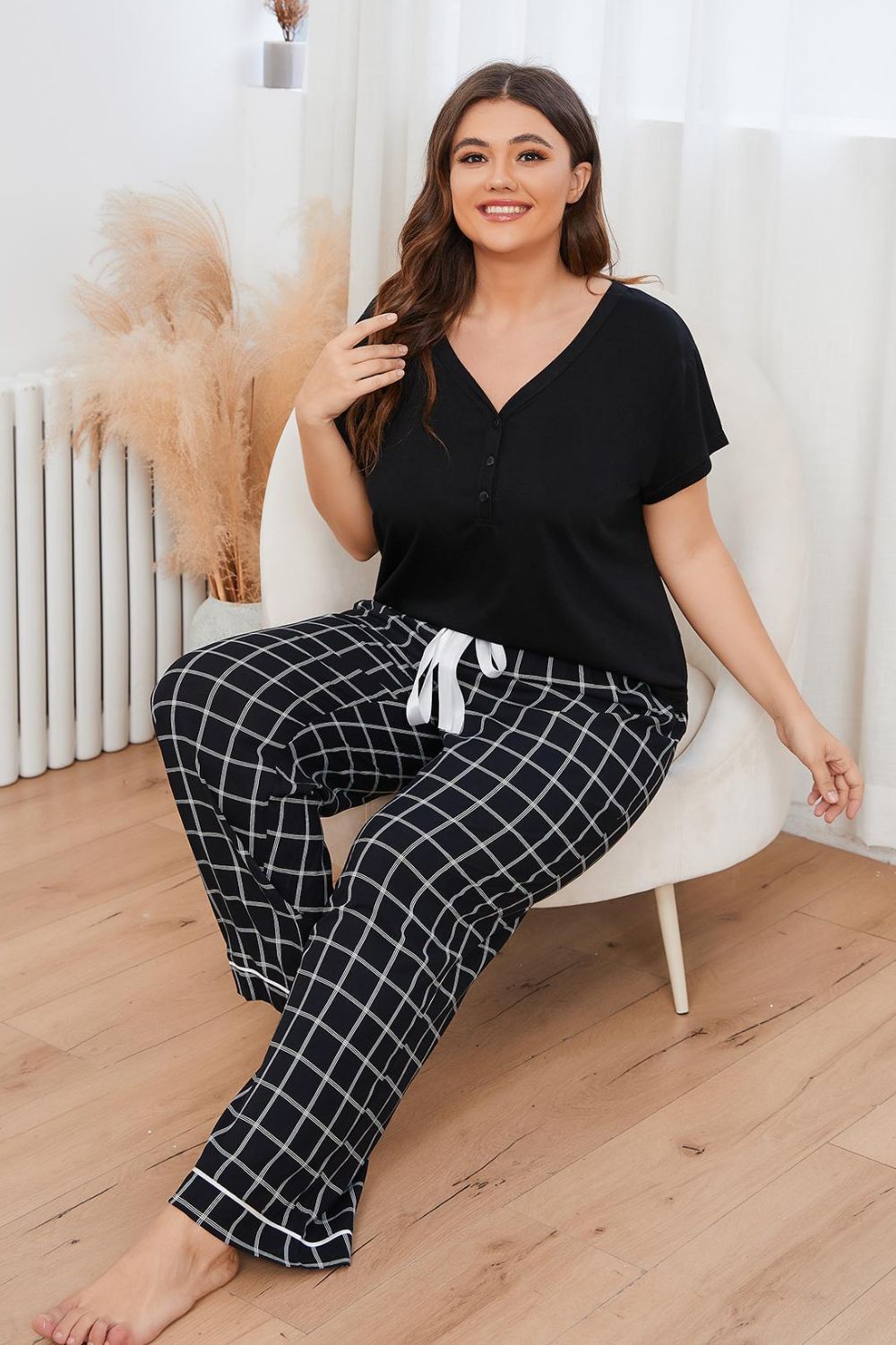 Plus Size V-Neck Top and Plaid Bottoms Lounge Set