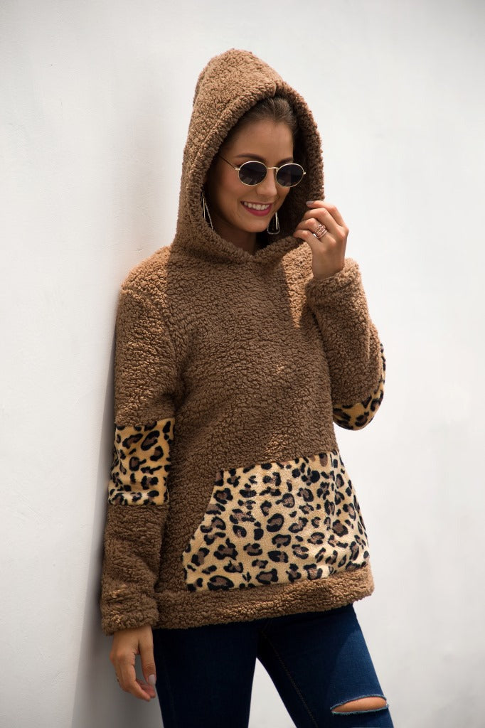 Leopard Color Block Sherpa Hoodie