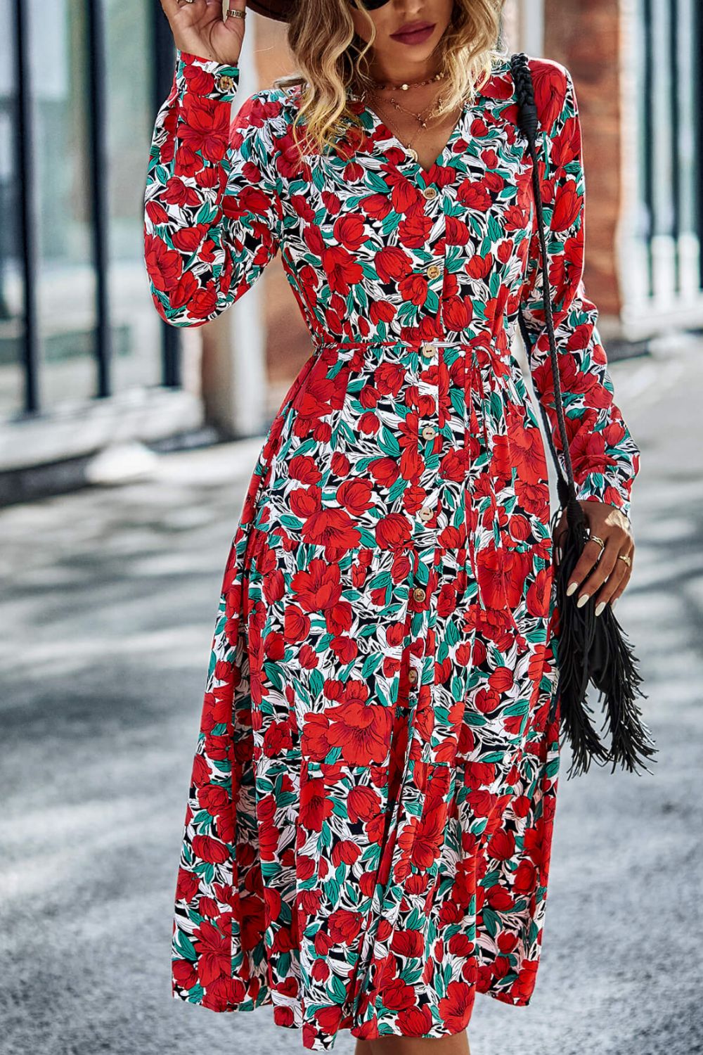 Women's Printed Button Front Belted Tiered Shirt Dress in Green, Red, White, or Black