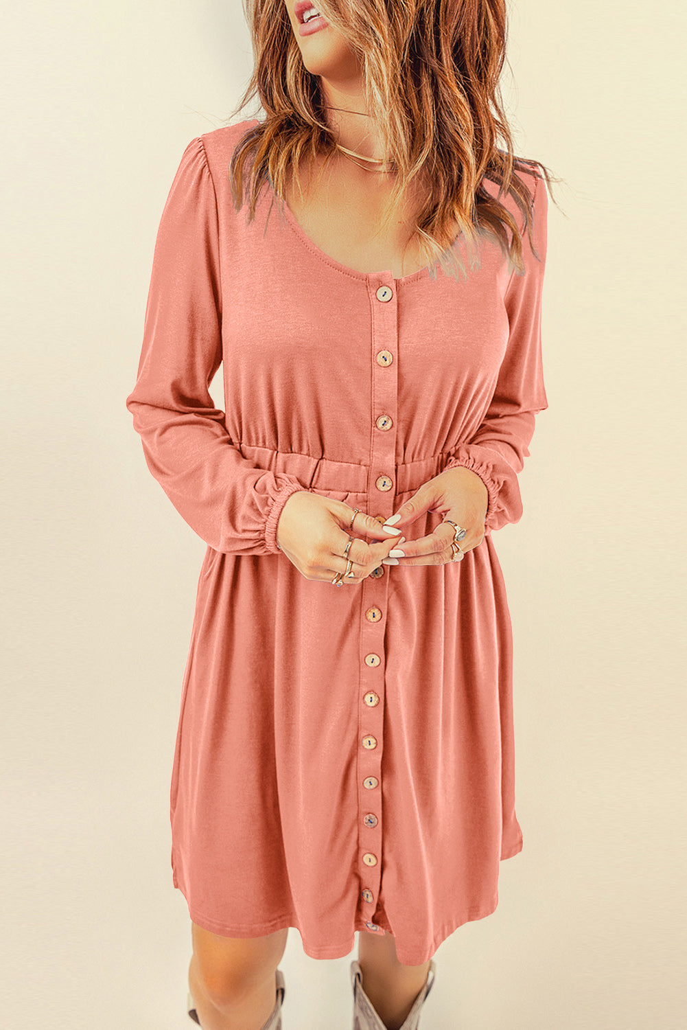 Women's Button Down Long Sleeve Dress with Pockets in Peach, Evergreen, Sky Blue, Emerald