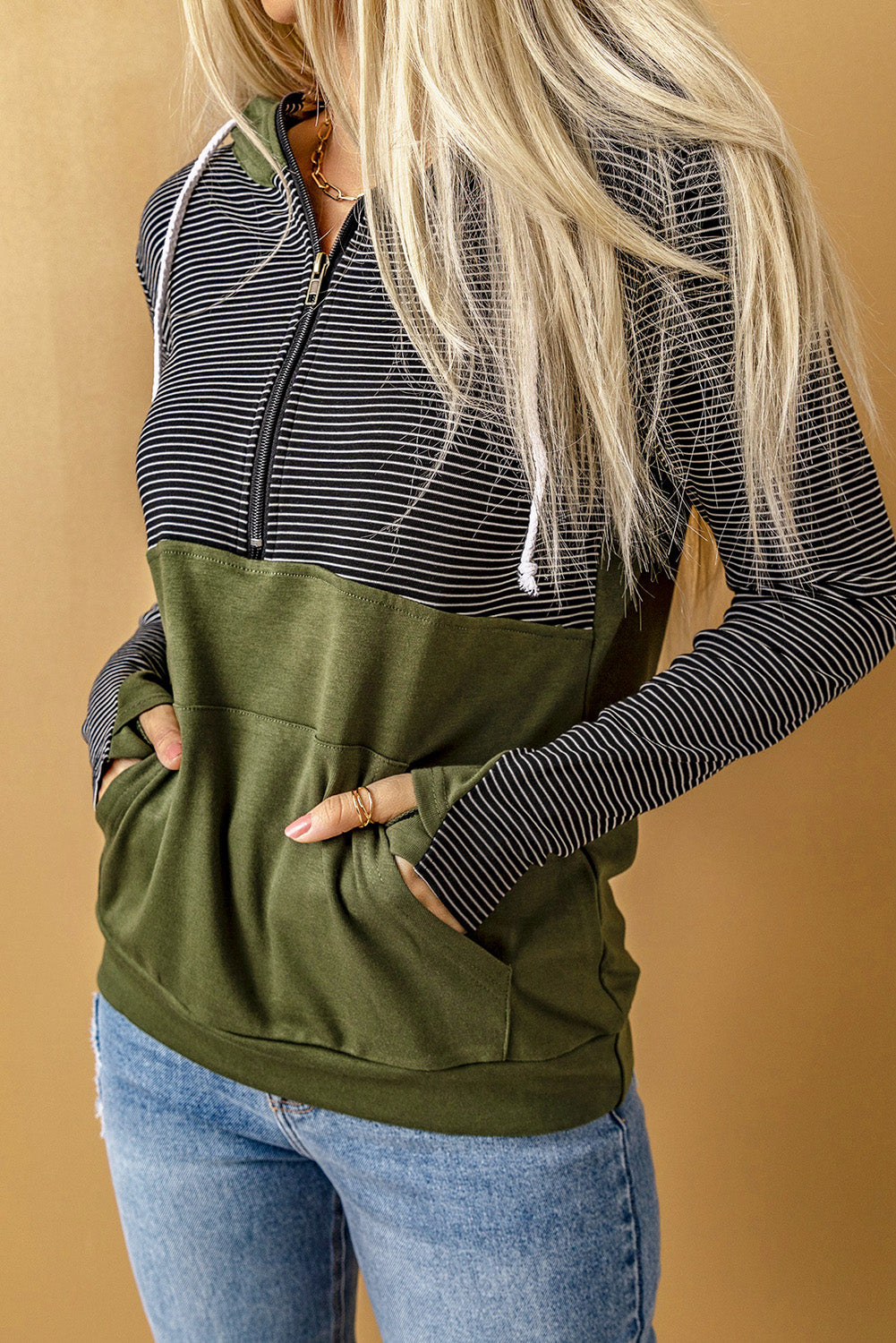 Women's Striped Color Block Half-Zip Green and Black Hoodie