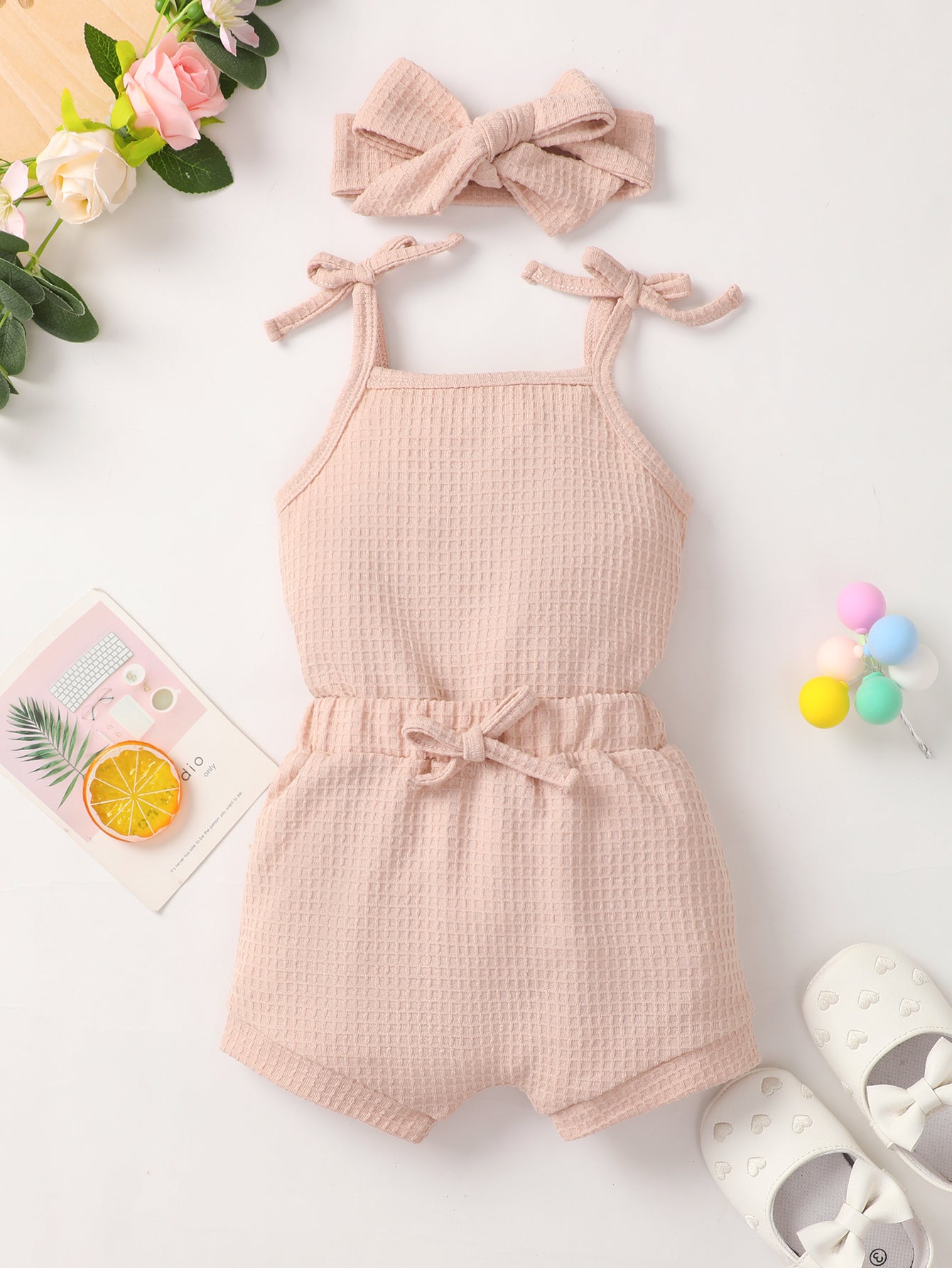 Baby Girl Waffle-Knit Tie-Shoulder Top and Bottoms Set