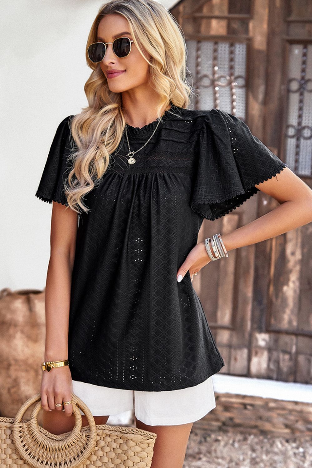 Frill Trim Round Neck Eyelet Puff Sleeve Blouse