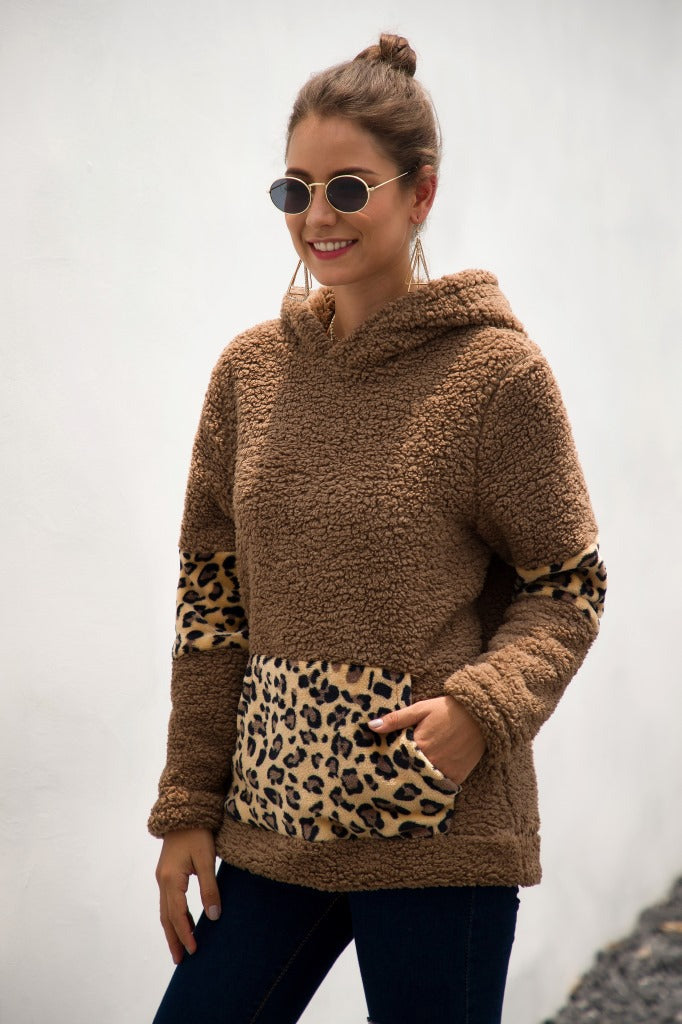 Leopard Color Block Sherpa Hoodie