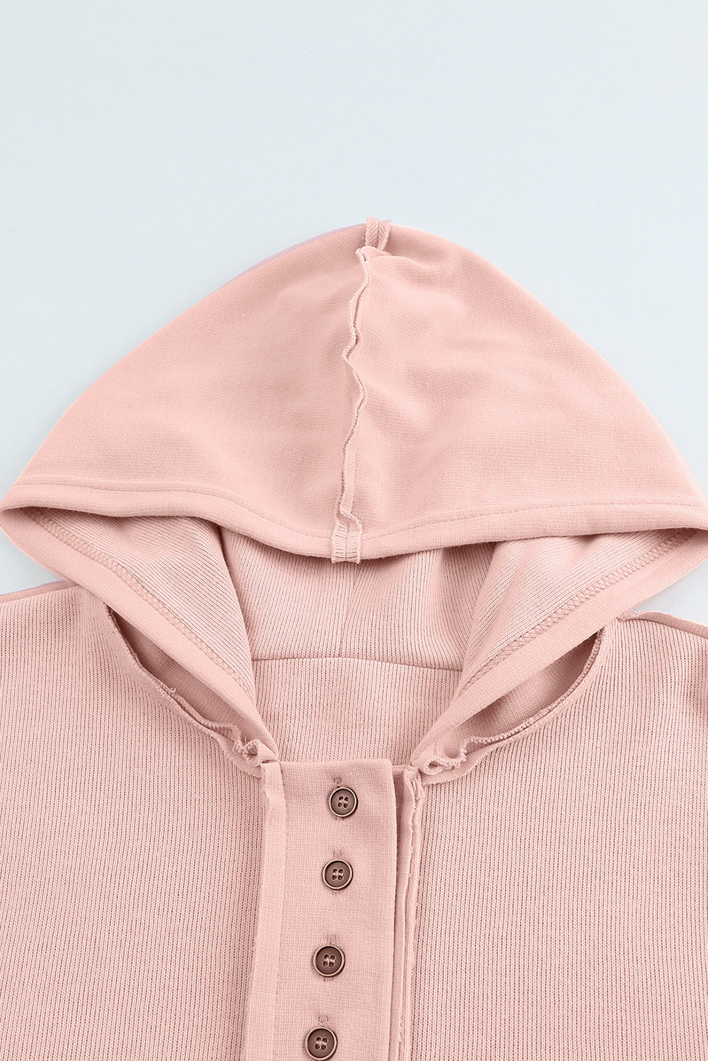 Women's Quarter-Button Exposed Seam Dropped Shoulder Hoodie in Black, Khaki, Sky Blue, Gray, & Pink