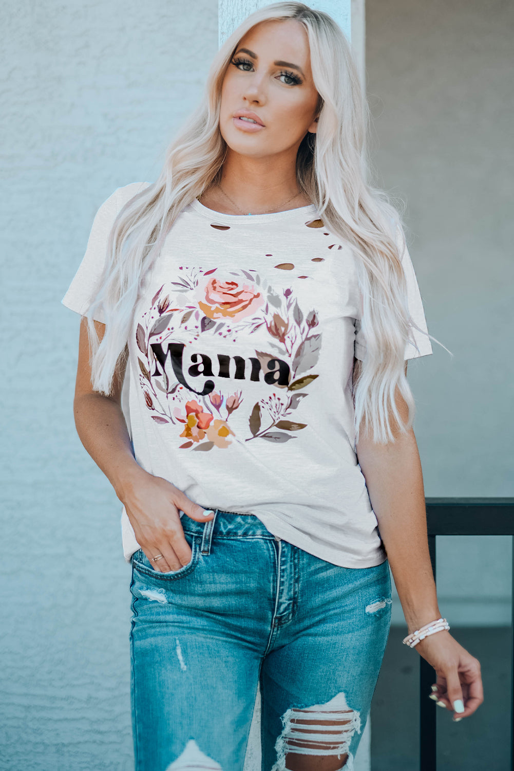 MAMA Floral Graphic Distressed Tee