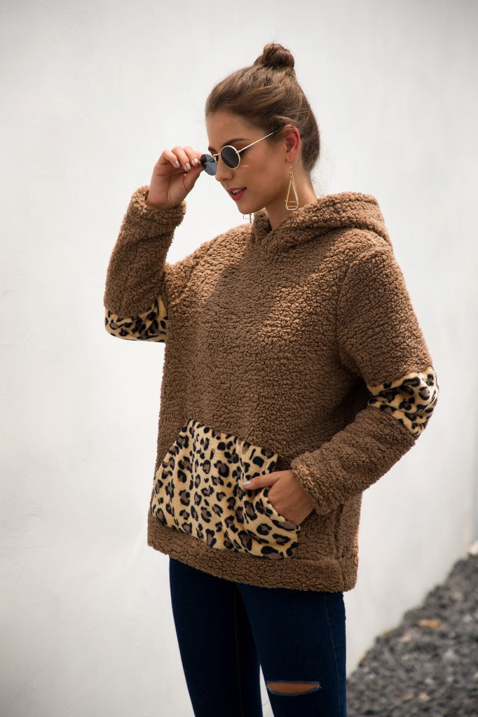 Leopard Color Block Sherpa Hoodie