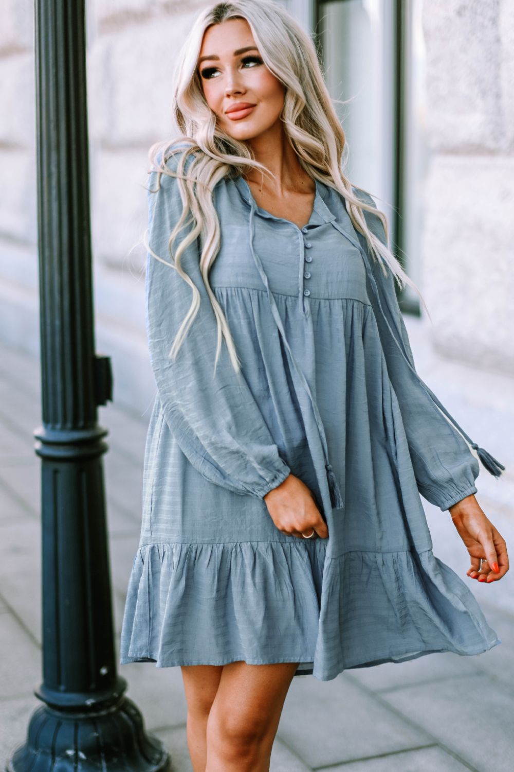 Half Button Ruffle Hem Dress