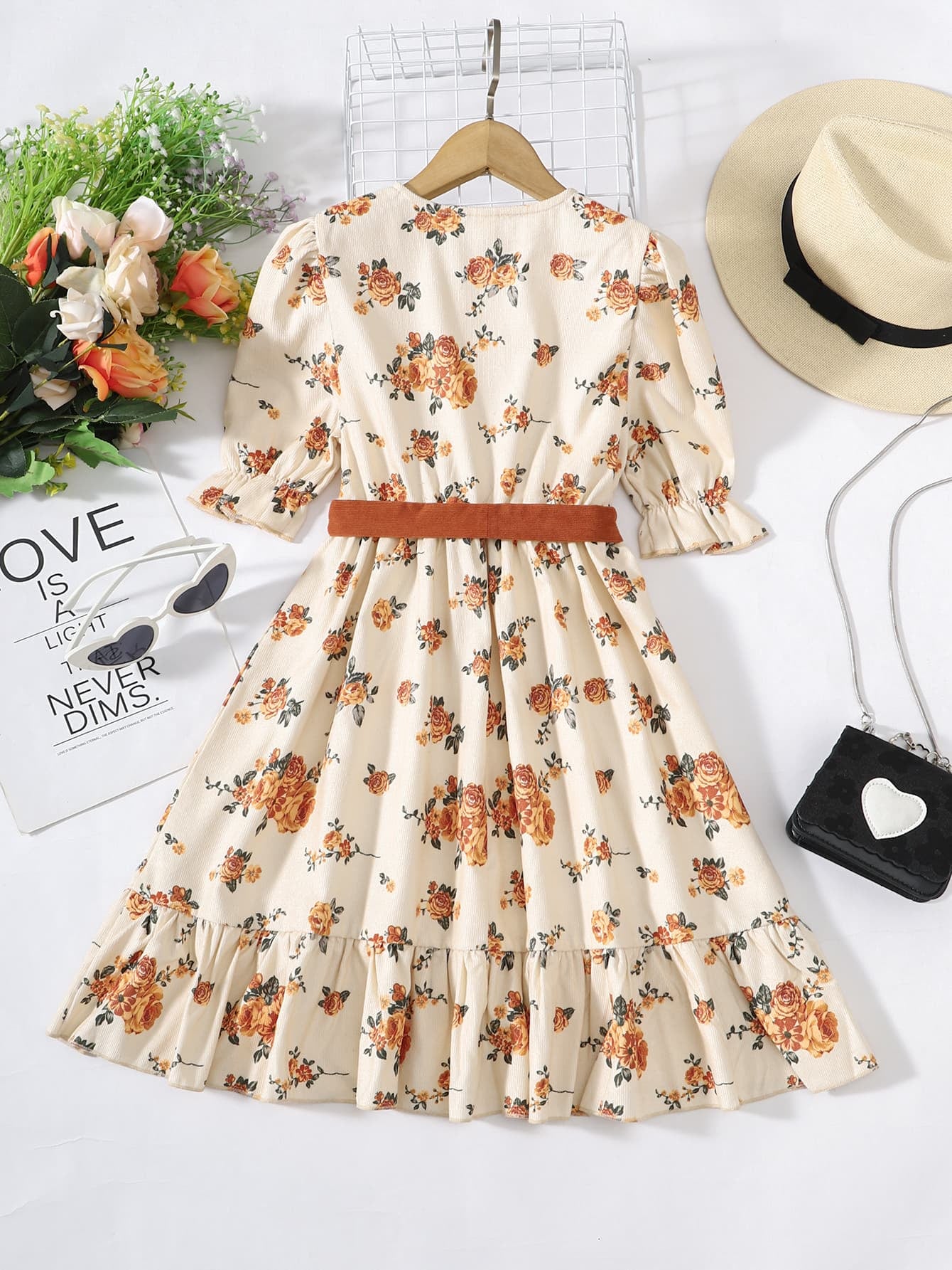 Girls Floral Tied Puff Sleeve Dress