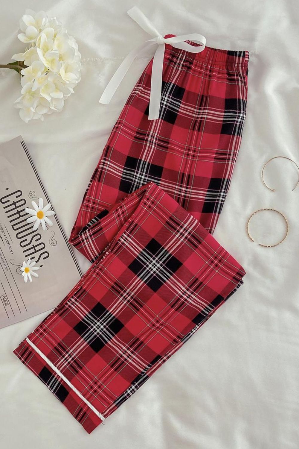 Women's Red Plaid Tied Holiday Loungewear Pants