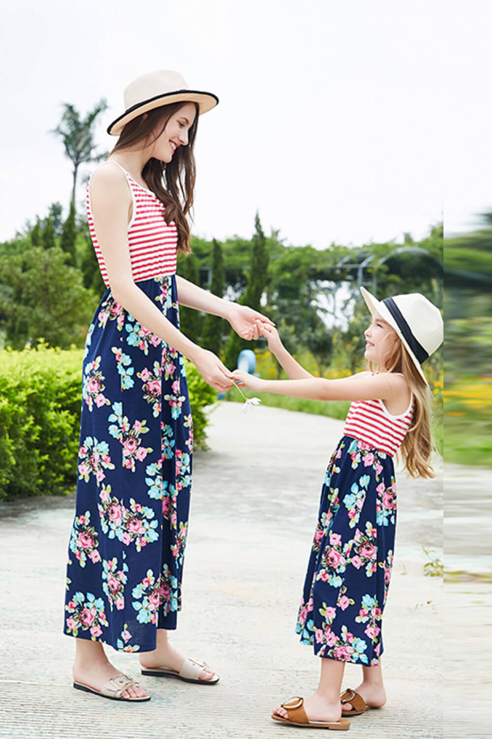 Girls Striped Floral Sleeveless Maxi